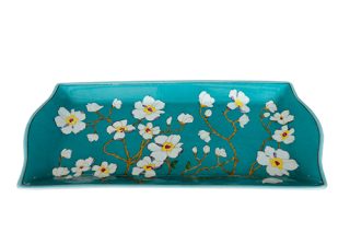 Green tray with white flowers