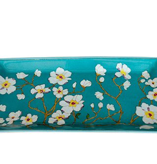 Green tray with white flowers