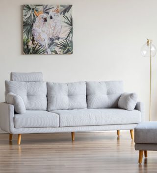 Sofa góc rumba 3 chỗ hiện đại, chất liệu vải màu xám trung tính