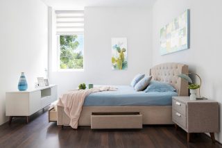 Nhà xinh phòng ngủ giường bọc vải có hộc Iris tiện nghi hiện đại